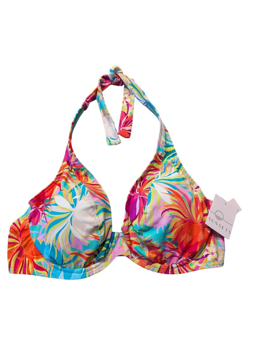 SUNSETS Tropical Print Lotus Muse Halter Swim Top 38D/40C